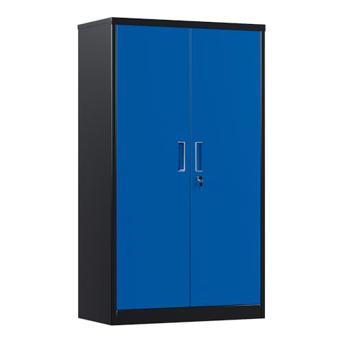 55" H Medium Metal Garage Storage Cabinet,Lockable Steel Storage Cabinet with 3 Adjustable Shelves,Assembly Required, Warehouse,Office,Home, Black&Blue - color: Black/Blue, size: 15.75" D × 31.50" W × 55.12" H.