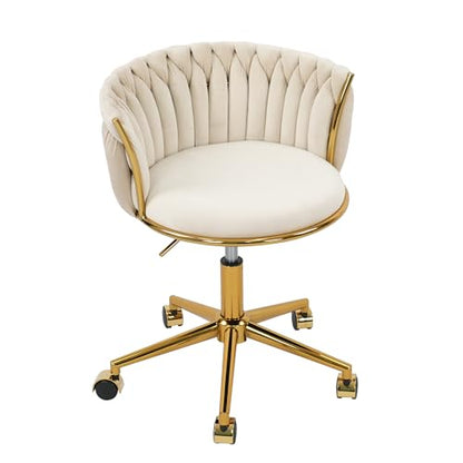 HENGJIANYI Velvet Woven Home Swivel Vanity Desk Chair with Gold Base, Beige | Modern Height Adjustable Office Chair with Metal Base and Hand Weaving Back Wheels for Bedroom Study Small Space girl women - color: Beige