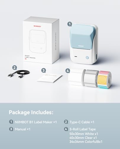 NIIMBOT B1 Label Maker Machine with 3 Tapes, 2Inch Thermal Label Printer - color: Light Blue, style: 1 Printer+3 Roll Labels
