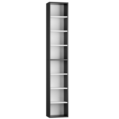 FOTOSOK Bookshelf Bookcase 8-Tier Narrow Bookshelf Tall CD Media Tower Rack | 11.6 X 9.3 X 70.9 Bookshelf, Tall Narrow Slim Skinny Display Bookcase with Cube Storage and 4 Adjustable Shelves, Black/White - color: White/Black
