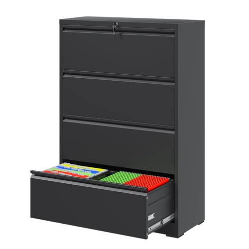 4 Drawer File Cabinet with Lock, Metal Lateral Filing Cabinets - color: Black, size: 4 Drawer_ 26"W