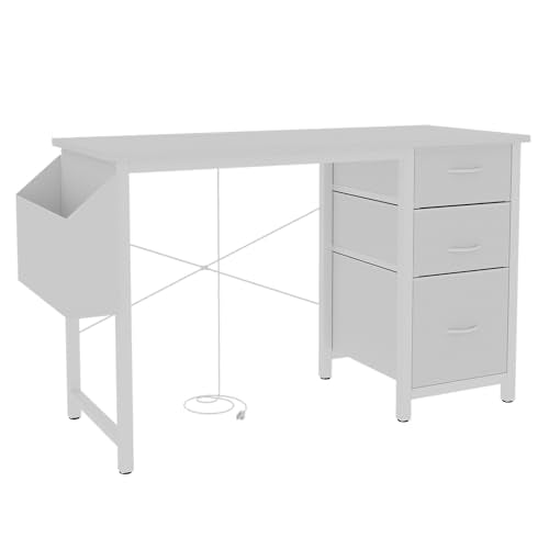 Reversible Computer Desk Gaming Desk with Power Outlet and 47" Desktop, Modern Writing Study Work Table with 3 Fabric Drawers and Extra Large Side Pocket for Bedroom, White