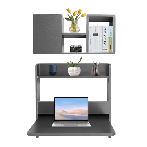 Floating Desk, 24" Wall Mounted Folding Desk with Bookshelf Folding Wall Desks Space Saving Workstation with Storage Shelves for Home Office Bedroom Study Room Small Space - color: Grey