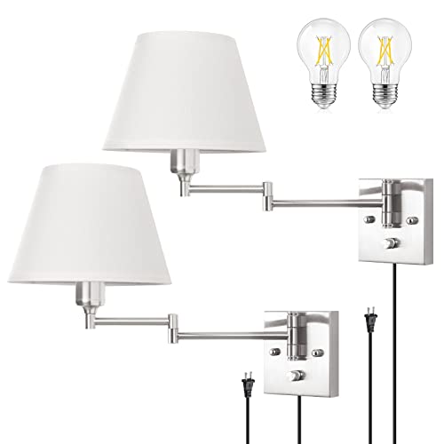 TRLIFE Wall Sconce Plug in, Dimmable Wall Sconces Set of 2 Brushed Nickel Swing Arm Wall Lights with Plug in Cord and On/Off Dimmer Rotary Switch, 9.4" Medium White Fabric Shade(2 Pack, 2 Bulbs) - color: White, size: Medium