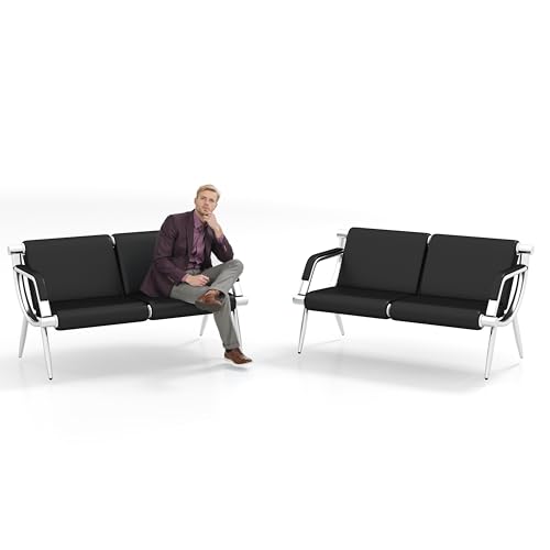 Kinsuite 2pcs 2-Seat Office Reception Waiting Room Chairs - Guest & Reception Chairs for Salon Barber Bench Airport Bank Hall Visitor Guest Black PU Leather 4-Seat Sofa - size: 2-seat*2