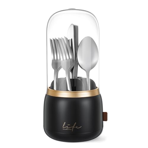 EXIN DECHEN Silverware Organizer with Lid,Cutlery Holder,Black with Gold | Waterproof and Dustproof,360°Rotating,Store Knives Forks Spoons Chopsticks for Kitchen Counter,Table,Party,Outdoor Camping,Rv - color: Black