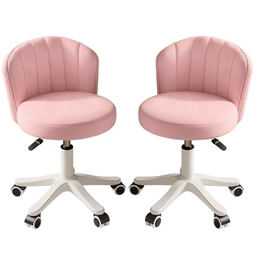 Small Round Rolling Desk Chair Armless Comfy Vanity Computer Chair Height Adjustable Swivel Work Spa Chair - color: Pink, style: Set of 2 with backrest
