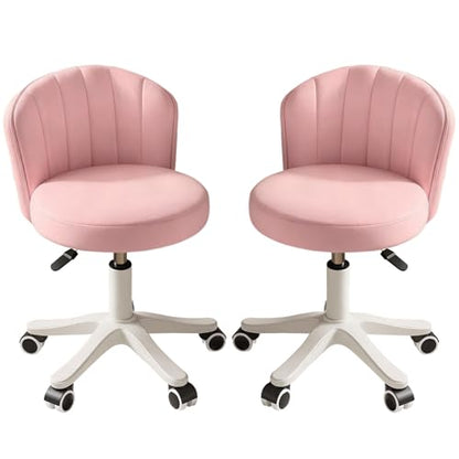 Small Round Rolling Desk Chair Armless Comfy Vanity Computer Chair Height Adjustable Swivel Work Spa Chair - color: Pink, style: Set of 2 with backrest