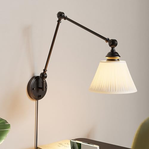 Plug in Wall Sconce, Black Adjustable Swing Arm Wall Lamp, 1 Pack | Fabric Lampshade, Plug-in or Hardwired, E26 Base, 6.6FT Plug-in Cord, Knob Switch, Living room, bedroom, study room, office - color: Black, size: 1 pack