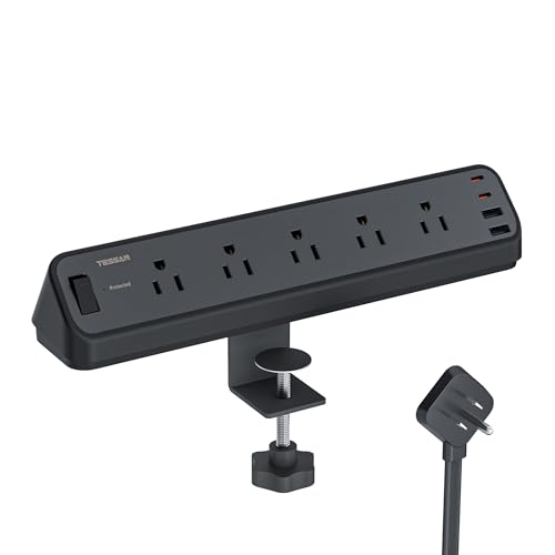 TESSAN Desk Clamp Power Strip 6 Ft with 2100J Surge Protector, Black | 5 Outlets and 4 USB (2 USB C) Desk Charging Station, Flat Plug Extension Cord with Multiple Outlets for Home Office Dorm Room - color: Black, size: 6 FT