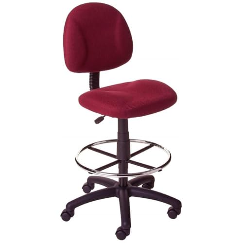 Scranton & Co Contoured Burgundy Fabric Drafting Stool, 20" Chrome Footring, Pneumatic Height 26.5"-31.5", Ergonomic Seat and Back, Tweed Upholstery, Black Nylon Base, Office or Studio Use