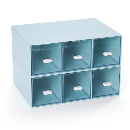 Desktop Organizer With 6 Drawers, Pencil Box, Stationary Organizer | 2 Tiers Blue, Plastic Mini Drawers, Small Pen Storage Boxes, Toolbox, Stackable Makeup Organizer, Stationary Organizer - color: 2 Tall Layers & 6 Drawers, Blue