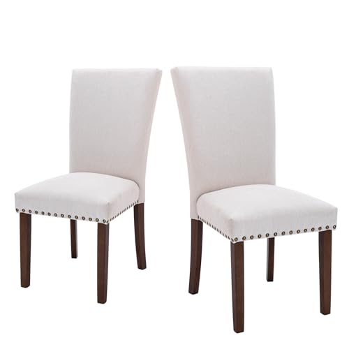 MALOL COLAMY Upholstered Parsons Dining Chairs Set of 2, Fabric Kitchen Side Chairs with Nailhead Trim and Wood Legs, Dining Room Chairs for Farmhouse Restaurant, Beige - color: W-beige, size: Set of 2