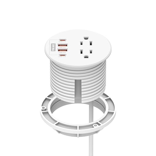 3 Inch Desk Power Grommet 20W USB C 2 AC Outlets Fast Charge Home&Office | 3'' Desk Hole,4 USB Ports,6.6 ft extension cord,White - color: White