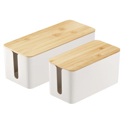 Delamu 2 Pack Cable Management Box Wooden, Wood Box with Lid Safe ABS Cord Hider Box Medium and Small Cable Organizers for Cords, Cable Raceways Power Strip Cover Box Baby Pet Proof for Home Office
