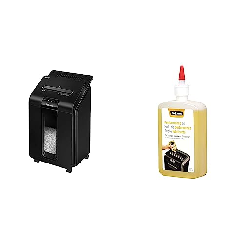 Fellowes AutoMax Micro-Cut 100M Office Auto Feed 2-in-1 Paper Shredder with 100-Sheet Capacity and Fellowes Powershred Performance Shredder Oil, 12 oz. Extended Nozzle Bottle