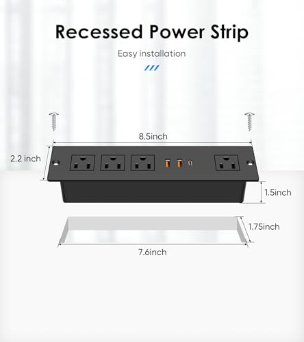 Recessed Power Strip with PD 20W USB-C, Flush Mounted Drawer Outlet, 4 Outlets & 3 USB Ports, Conference Desktop Built in Power Strip, 6FT Extension Cord(Black) - size: 6FT, style: 20W-2A1C-Black