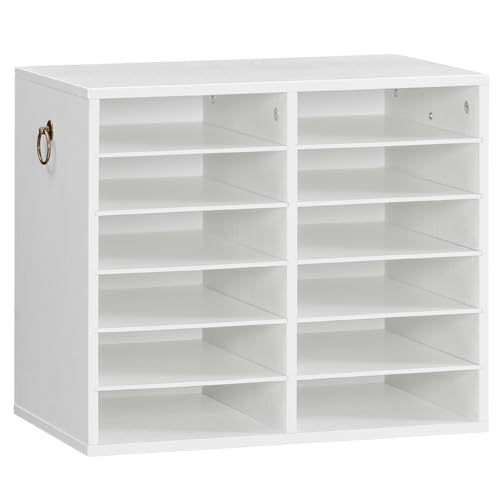 HOOBRO Literature Organizers, 12 Compartments Office Mailbox with Adjustable Shelves, Wood Countertop Literature Sorter for Office, Home, Classroom, Mailrooms Organization White WT12WF01 - color: White, size: 18.9"L