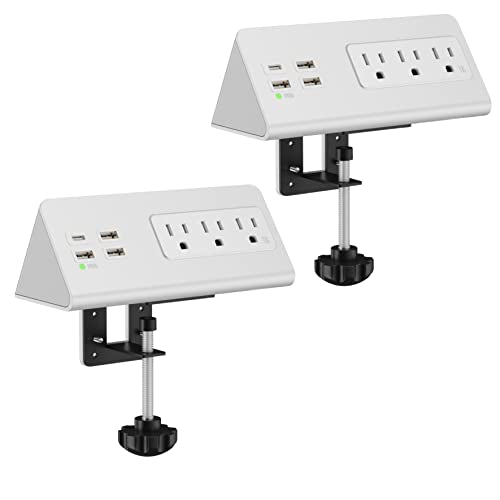Nightstand Edge Mount Power Strip with USB-C Ports Tabletop Surge Protector Desk Clamp Power Sockets with 3 AC Outlets &4 Fast Charging USB Ports for Home Office Hotel and Dormitory (White(2-Pack)) - color: White(2-Pack)