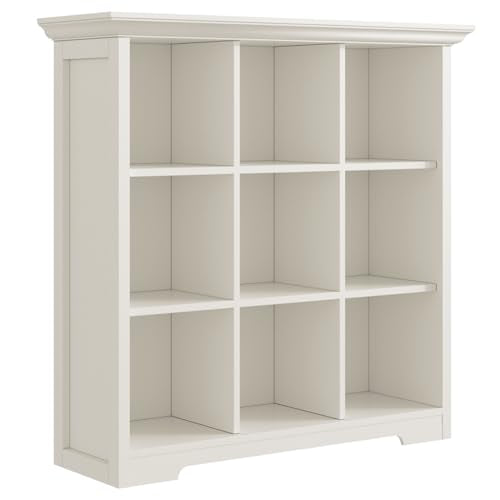 9-Cube Open Bookcase with Base, 3-Tier Wooden Bookshelf, White | Curved Base, Crown Molding, Fits 11×11" Bins, Modern Storage Cabinet for Living Room, Bedroom, Home Office - color: Warm White, size: 9-Cube