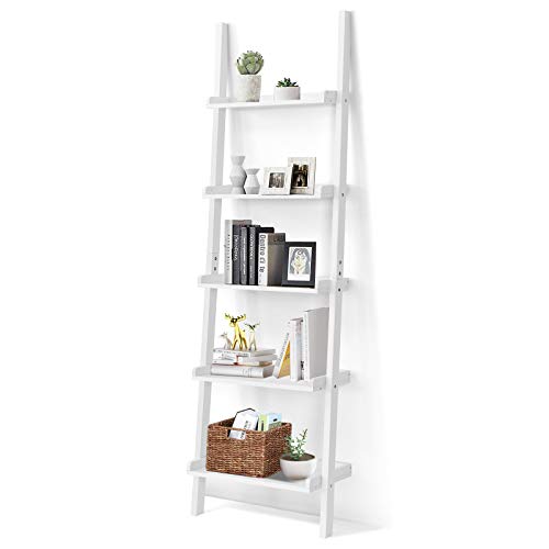 Tangkula 5-Tier Ladder Shelf, Wall-Leaning Bookshelf w/Open Shelves, Plant Flower Stand, Storage Display Organizer Rack, Multifunctional Bookcase for Living Room Home Office (White) - color: White