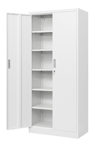 Wanfu Metal Storage Cabinet, 71”H Locking Storage Cabinet with 5 Adjustable Shelves, Steel Cabinets for Garage, Home, Office, Pantry (White) - color: White, size: 71"-0drawers