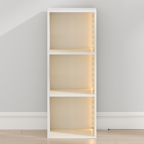 Furinno LUDER Book Shelf with LED Lights, 3-Cube Bookshelf, Bookcase, 9.3 x 12 x 31.5, for Home Office, Living Room, Study Room, White - color: White, size: 3-Cube LED
