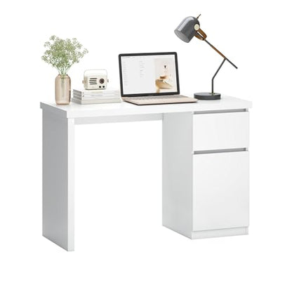 furtble White Desk with Drawers, 43 Inch Small Cute Desk for Bedroom, Home Office PC Desks Workstation Study Table Desks with Storage, White