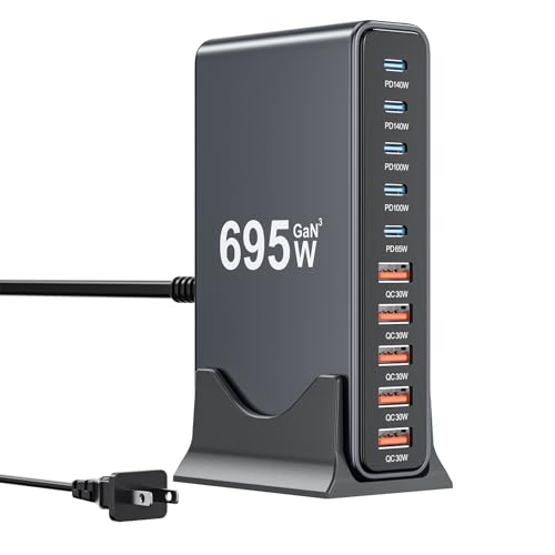 695W USB C Charger Block,10-Port USB C Charging Station GaN IV Travel Essentials Multiple Port Charging Station,140W Laptop Fast Charger Adapter for MacBook Pro/Air,DELL,iPad,iPhone,Samsung Galaxy - color: Black