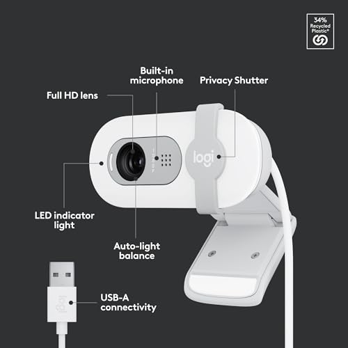 Logitech Brio 100 Full HD 1080p Webcam for Meetings and Streaming, Auto-Light Balance, Built-in Mic, Privacy Shutter, USB-A, for Microsoft Teams, Google Meet, Zoom and More - Off White (Renewed)