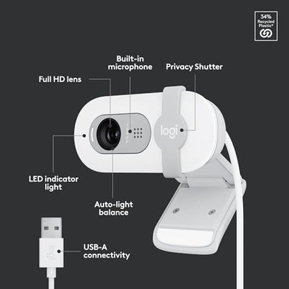 Logitech Brio 100 Full HD 1080p Webcam for Meetings and Streaming, Auto-Light Balance, Built-in Mic, Privacy Shutter, USB-A, for Microsoft Teams, Google Meet, Zoom and More - Off White (Renewed)