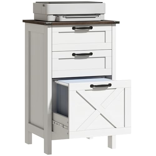 HOMCOM 3 Drawer File Cabinet Printer Stand Silent Slides Distressed White | Vertical Filing Cabinet for Hanging A4/Letter Size, Rustic Farmhouse Printer Stand with Storage, Home Office - color: Distressed White