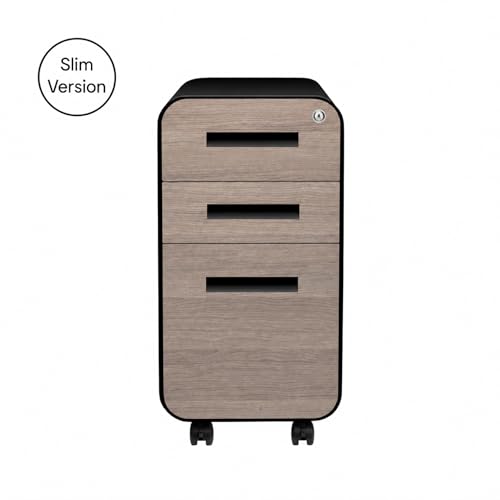 Laura Davidson Furniture Stockpile Slim 3-Drawer Mobile File Cabinet with Lock - Under Desk Metal Filing Cabinet, Legal/Letter File Folders, Wheels & Stationary Feet, Assembled, Black/Wood Faceplate - color: Black/Wood