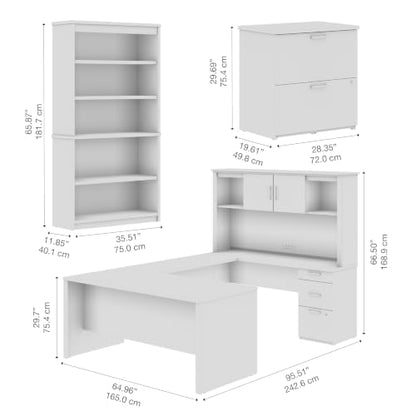 Bestar U or L Shaped with Hutch and File Cabinet, Bark Grey, Logan, 66W