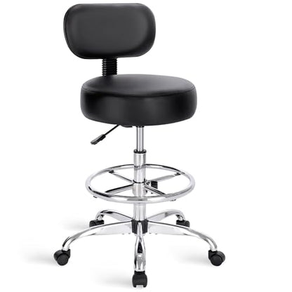SUPERJARE Drafting Chair with Backrest, Adjustable Foot Rest Rolling Stool | Multi-Purpose Shop Stool, Drafting Stool, Office Desk Chair, Bar Stools with Thick Seat Cushion for Home Bar Kitchen, Black - color: Black