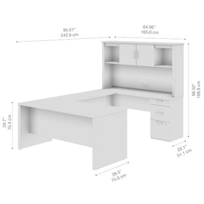 Bestar U or L Shaped Desk with Hutch and Drawers, Bark Grey, Logan, 66W | With Drawers and Hutch; The Bestar Logan U or L Shaped Desk with Drawers and Hutch offers a customizable solution - color: Bark Grey