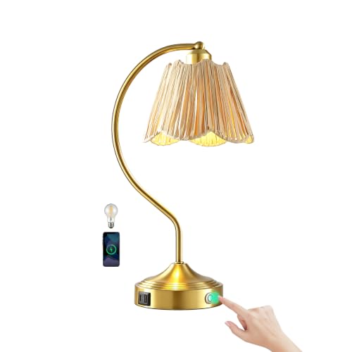 Boho Rattan Touch Small Table Lamps USB C+A Ports | Retro Rattan Shade, 3-Way Dimmable Farmhouse Lamp for Bedroom Living Room Entryway Office, LED Bulbs Included - color: Brass-Single