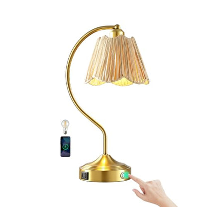 Boho Rattan Touch Small Table Lamps USB C+A Ports | Retro Rattan Shade, 3-Way Dimmable Farmhouse Lamp for Bedroom Living Room Entryway Office, LED Bulbs Included - color: Brass-Single
