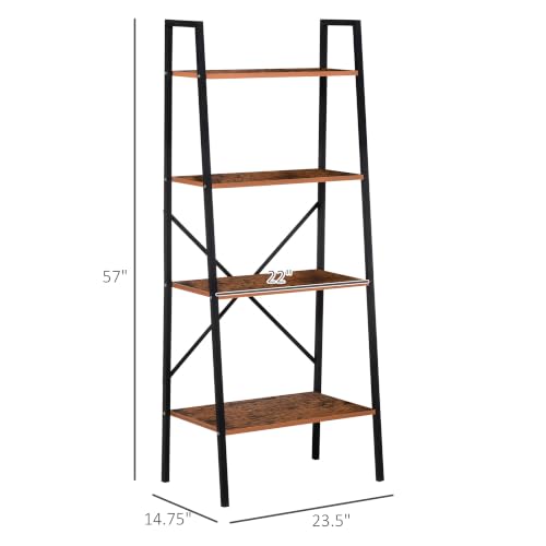 HOMCOM Ladder Shelf Bookshelf, 4 Tier, Wood Metal Frame, Distressed Brown