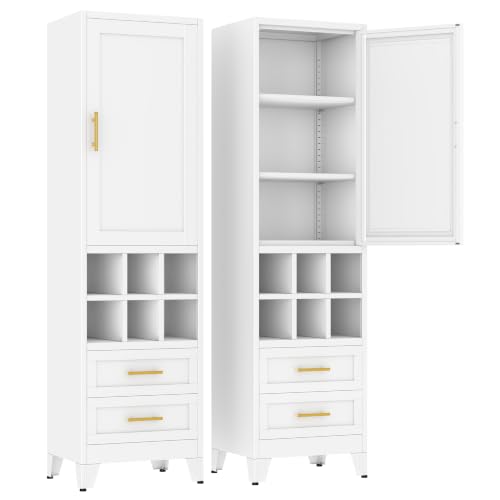 Metal Tall Narrow Storage Cabinet, Freestanding Floor Cabinet with Drawers and Adjustable Shelves, Pantry Storage Cabinets for Bathroom, Living Room, Entryway and Kitchen,White - color: White, size: 67H-six grids