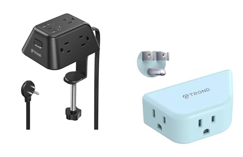 Desk Clamp Power Strip, Surge Protector with 5 AC Outlets and 3 USB Ports + Mint Green Outlet Extender with 3-Prong Grounded Sockets, 3 Way Angled Outlet Adapter