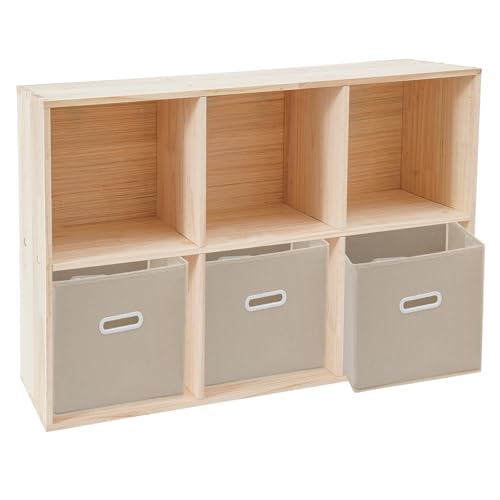 6 Cube Storage Organizer, Open Shelf Bookcase, Solid Wood Bookshelf with 3 Storage Bins, Vertical or Horizontal Book Shelf for Bedroom, Living Room, Office - size: 35.43*11.81*23.62in