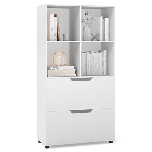 Giantex Bookshelf with 4 Cubes & 2 Drawers, 51” Tall Floor Bookcase with Anti-tip Kits, Freestanding Display Rack Storage Organizer for Study, Living Room, Home Office (1, White) - color: White