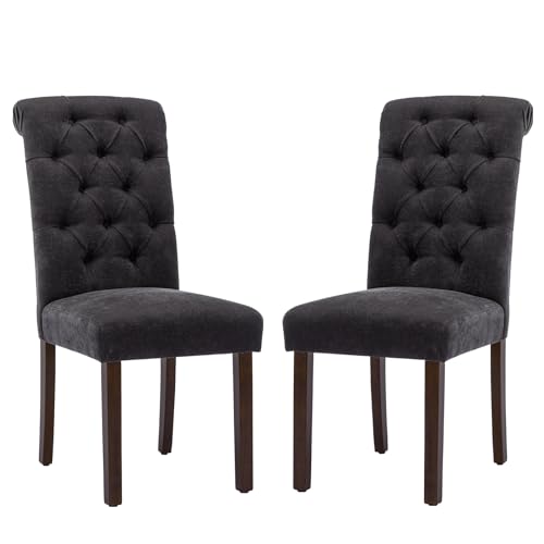 COLAMY Button Tufted Dining Chairs Set of 2, Accent Parsons Diner Upholstered Fabric Dining Room Stylish Kitchen Chairs with Solid Wood Legs and Padded Seat, Black - color: Black, size: set of 2