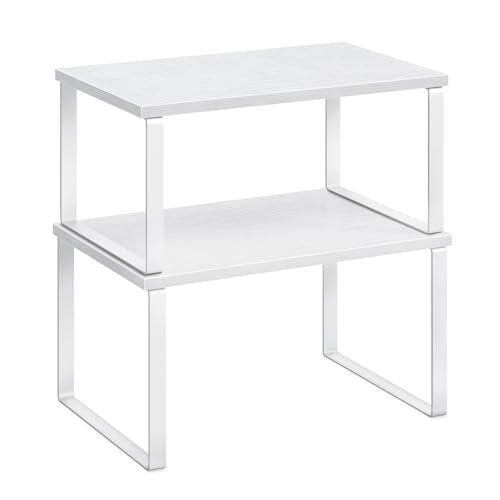 SONGMICS Cabinet Organizer Shelf, Set of 2 Kitchen Counter Shelves, Kitchen Storage, Spice Rack, Stackable, Expandable, Metal and Engineered Wood, 11.7 Inches, Cloud White and Snow White UKCS02W01 - color: Cloud White + Snow White, size: 11.7"w