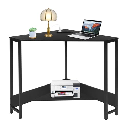 Corner Desk Triangle, Triangle Corner Desk with Outlet, Computer Table with Storage Shelf, Black, Space Saving, for Home Office, Dorm, Small Spaces