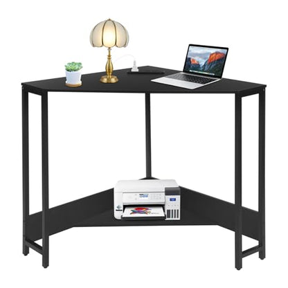 Corner Desk Triangle, Triangle Corner Desk with Outlet, Computer Table with Storage Shelf, Black, Space Saving, for Home Office, Dorm, Small Spaces