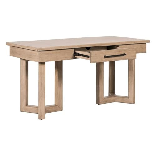 Pemberly Row 2-Piece Writing Desk and Credenza Set, Rubberwood and Birch Veneer, Barley Buff Finish, Transitional Home Office Furniture with Storage Drawer, File Drawer, Adjustable Shelves