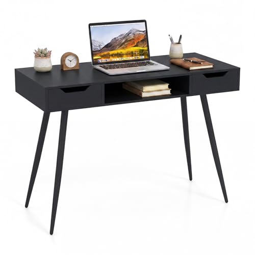 Tangkula Mid Century Modern Computer Desk | Writing Desk with 2 Drawers & Open Center Storage, Small Wooden Study Table for Home Office & Compact Spaces (Black) - color: Black