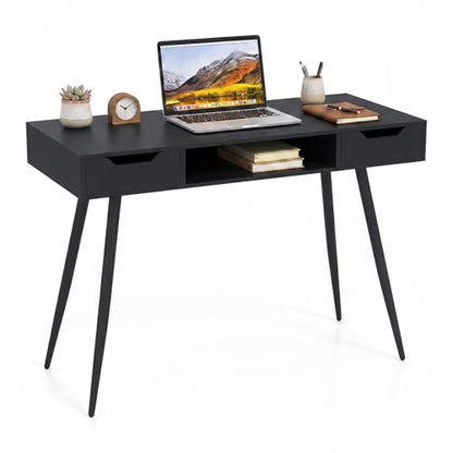 Tangkula Mid Century Modern Computer Desk | Writing Desk with 2 Drawers & Open Center Storage, Small Wooden Study Table for Home Office & Compact Spaces (Black) - color: Black